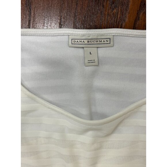 Dana Buchman L White Layered Mesh Stripe Top Sheer Blouse Long Sleeve Stretch - Picture 7 of 10